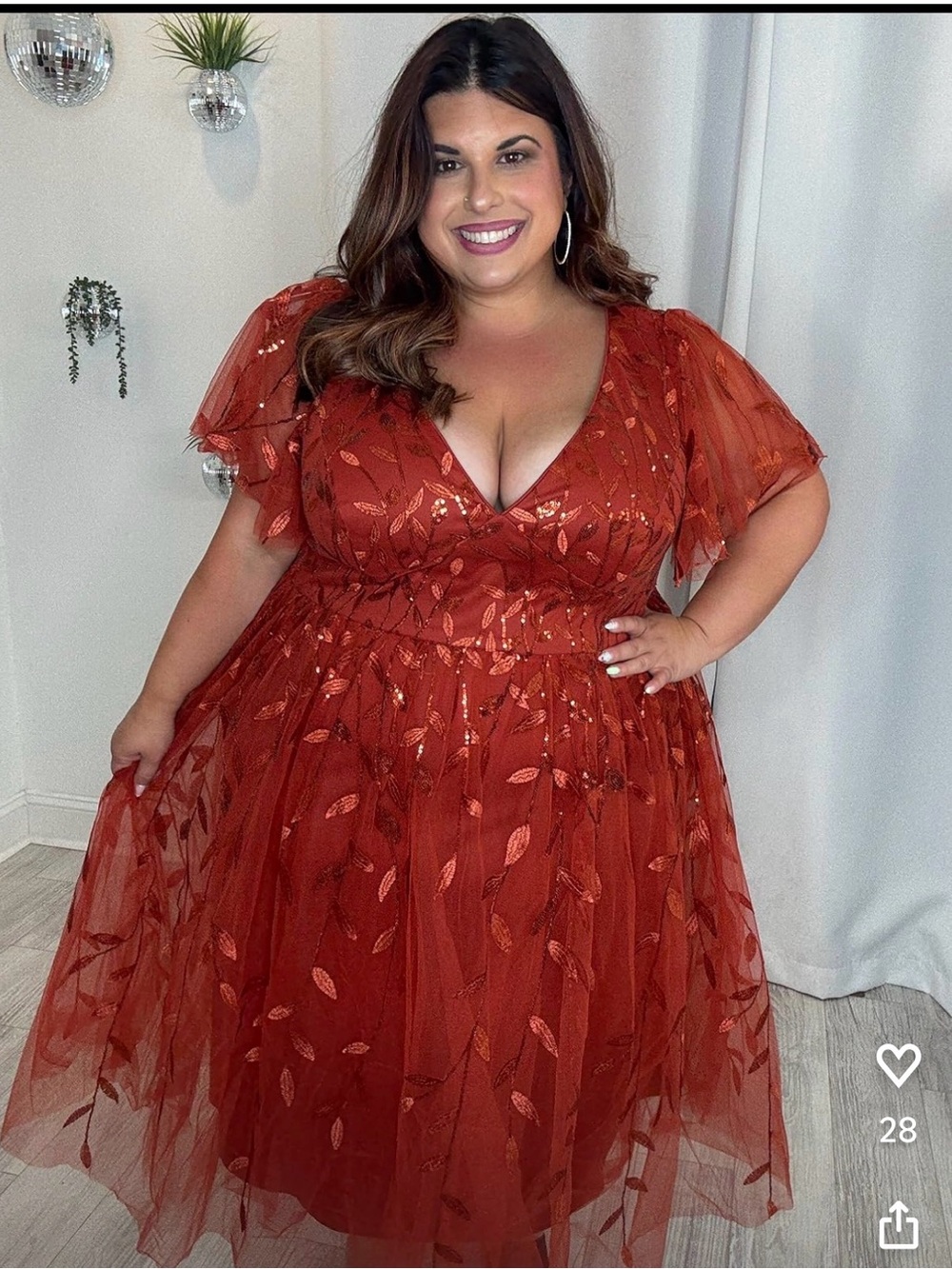 Plus Size  Rust Red Metallic Leaf Midi Dress